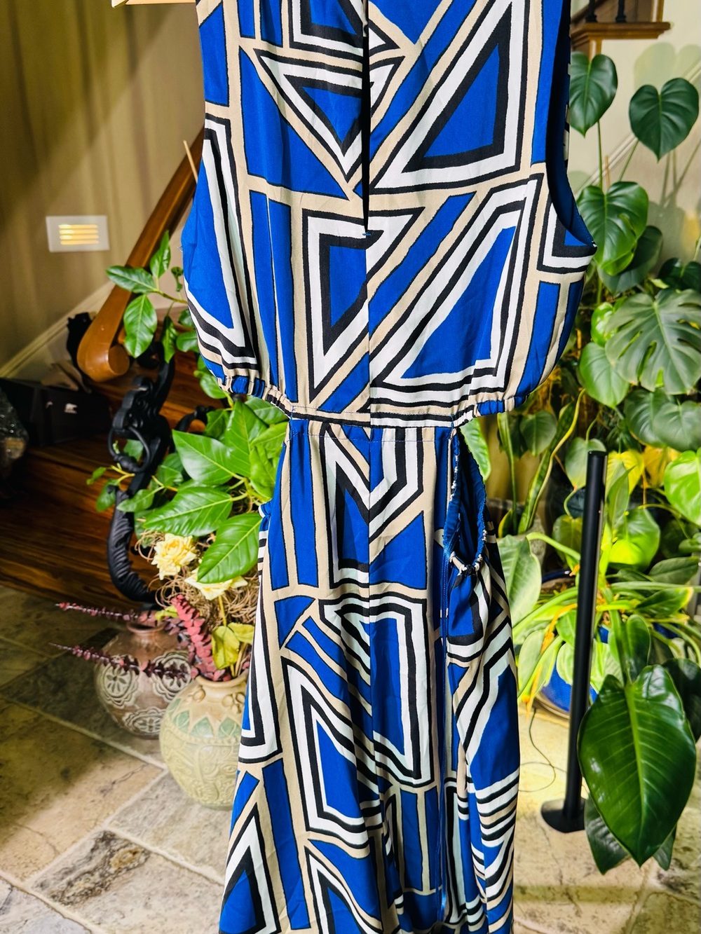 Banana Republic Blue, White and Tan Geometric Midi Dress